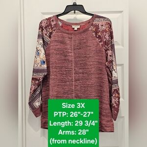 One World Long Floral Sleeve Crew Neck Top, NWT, Size 3X